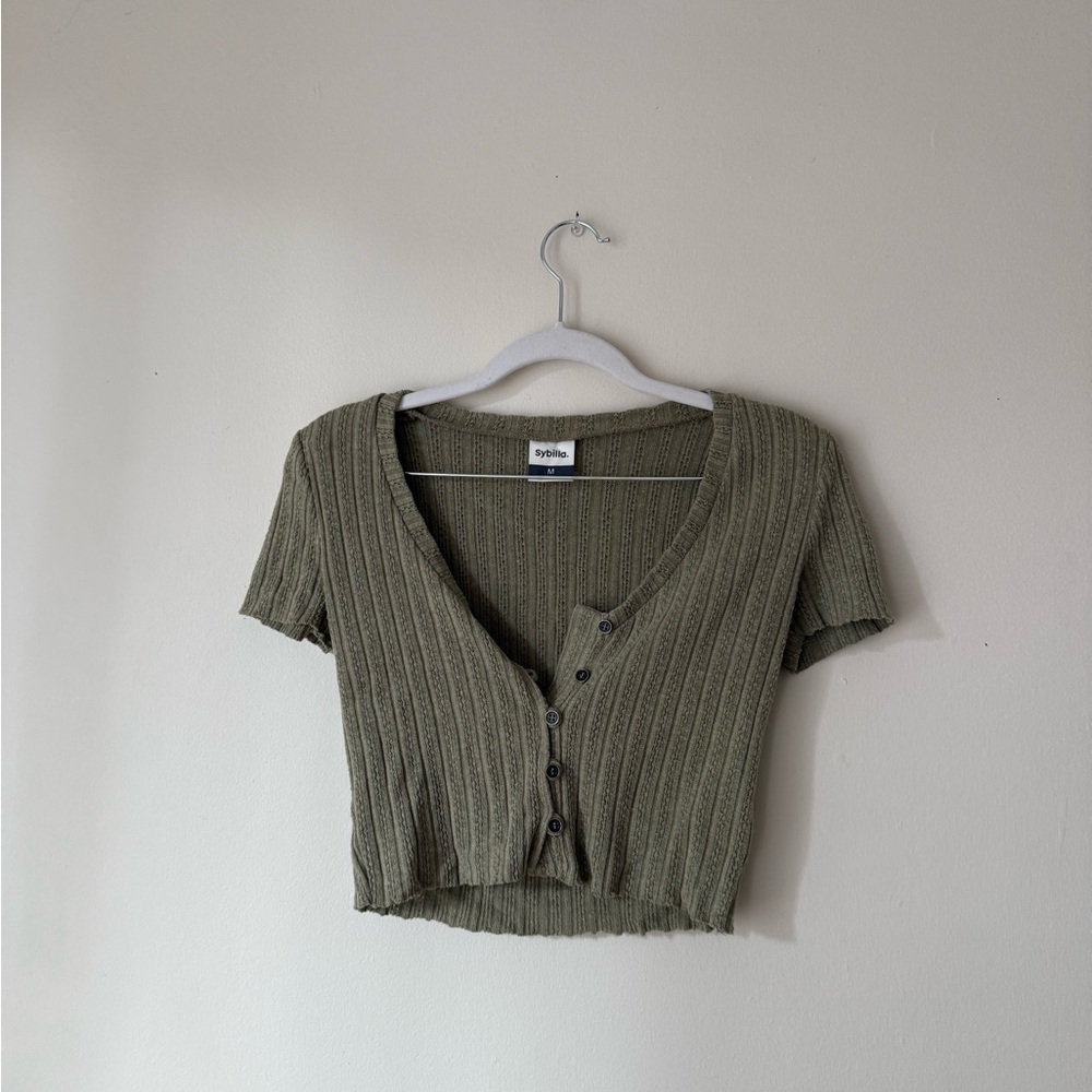 Olive Ribbed Knit Button Top - Picture 4 of 7